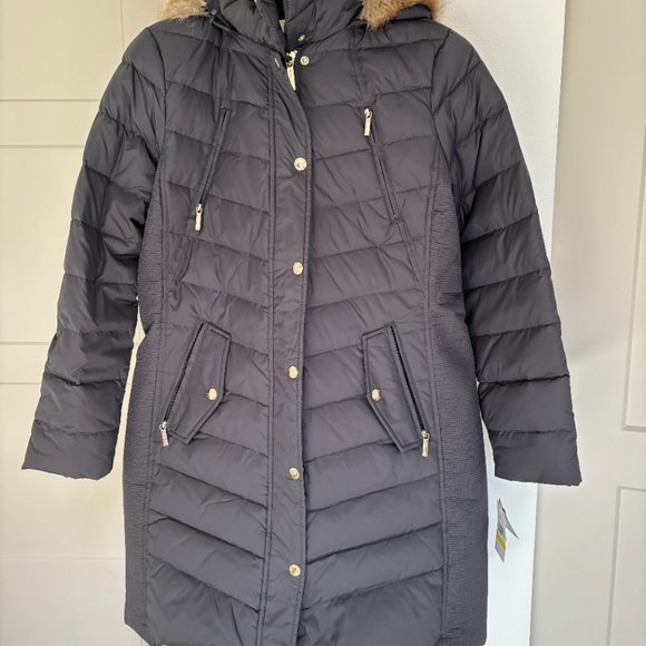 NWT MICHAEL KORS Hooded Faux Fur Trim Coat in Gunmetal | Size M - Picture 3 of 7